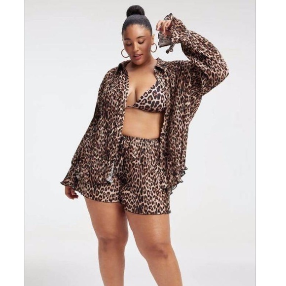 Good American Always Fits Plissé Pleated Buttondown Leopard Shirt Sz 3/4 - Picture 2 of 14